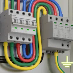 Instalacja elektryczna z wyłącznikiem i ochronnikami przepięć. Zwróć uwagę na prawidłowe podłączenie uziemienia, które zapewnia niską impedancję.