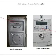 Na zdjęciu dwa liczniki prądu: indukcyjny i elektroniczny. Strzałki wskazują, jak odczytać licznik prądu g11, pokazując jego numer.