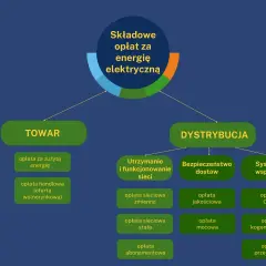 Schemat opłat za energię elektryczną, uwzględniający taryfę c11. Podział na "TOWAR" i "DYSTRYBUCJĘ" z różnymi składowymi.