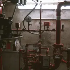 Skomplikowana instalacja co z czerwonymi rurami, manometrami i zaworami, w tym system przeciwpożarowy Viking.