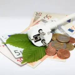 Wtyczka elektryczna na banknotach i monetach, symbolizująca dopłaty do prądu i koszty energii. Dwa zielone liście dodają ekologiczny akcent.