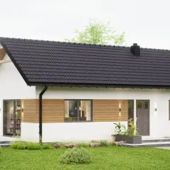 Nowoczesny domek na zgłoszenie z drewnianymi akcentami, otoczony zielenią. Idealne miejsce na spokojne życie.