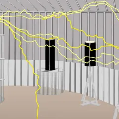 Eksperyment z wyładowaniami elektrycznymi wewnątrz klatki Faradaya. Żółte błyskawice otaczają obiekty, ale nie docierają do nich.