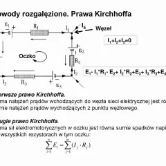 Schemat obwodu elektrycznego z elementami R1, R2, R3, R4 i źródłami E1, E2, E3, E4. Pokazuje prawa Kirchhoffa, w tym równanie dla mocy znamionowej.