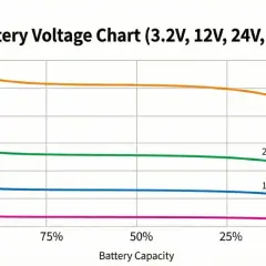 Wykres pokazuje zależność napięcia akumulatora LiFePO4 od jego pojemności. Linie reprezentują różne konfiguracje: 3.2V Cell, 12V Pack (4S), 24V Pack (8S) i 48V Pack (16S).