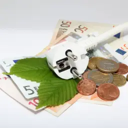 Wtyczka elektryczna na banknotach i monetach, symbolizująca dopłaty do prądu i koszty energii. Dwa zielone liście dodają ekologiczny akcent.