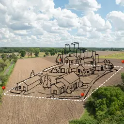 Szkic osiedla na tle wiejskiego krajobrazu. Wyznaczone czerwonymi pinezkami granice działki i projektowane budynki, określające przyszłe warunki zabudowy.