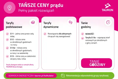 Tauron oferuje taryfy prądu: podstawowe (G11, G12, G12w, G13), dynamiczne i tanie godziny (G13s).