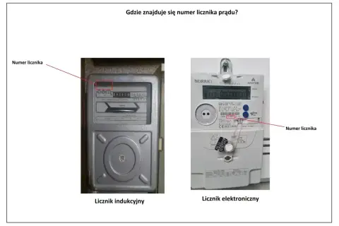 Na zdjęciu dwa liczniki prądu: indukcyjny i elektroniczny. Strzałki wskazują, jak odczytać licznik prądu g11, pokazując jego numer.