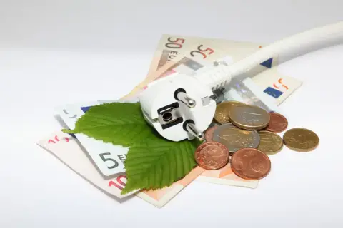 Wtyczka elektryczna na banknotach i monetach, symbolizująca dopłaty do prądu i koszty energii. Dwa zielone liście dodają ekologiczny akcent.
