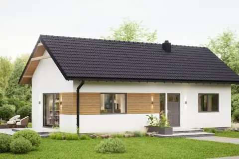 Nowoczesny domek na zgłoszenie z drewnianymi akcentami, otoczony zielenią. Idealne miejsce na spokojne życie.