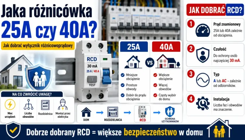 Porównanie wyłączników RCD 25A i 40A. Wybór zależy od obciążenia, liczby obwodów i instalacji. Dobry RCD to bezpieczeństwo w domu.