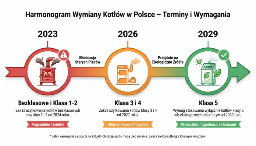 Harmonogram wymiany kotłów w Polsce: stare piece (2023), kotły klasy 3-4 (2026), kotły klasy 5 (2029).