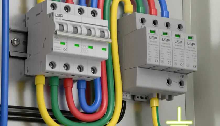 Instalacja elektryczna z wyłącznikiem i ochronnikami przepięć. Zwróć uwagę na prawidłowe podłączenie uziemienia, które zapewnia niską impedancję.