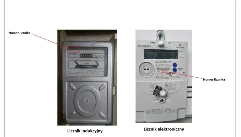 Na zdjęciu dwa liczniki prądu: indukcyjny i elektroniczny. Strzałki wskazują, jak odczytać licznik prądu g11, pokazując jego numer.