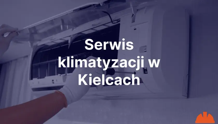 Ręka w białej rękawiczce naprawia klimatyzator. Napis "Serwis klimatyzacji w Kielcach".