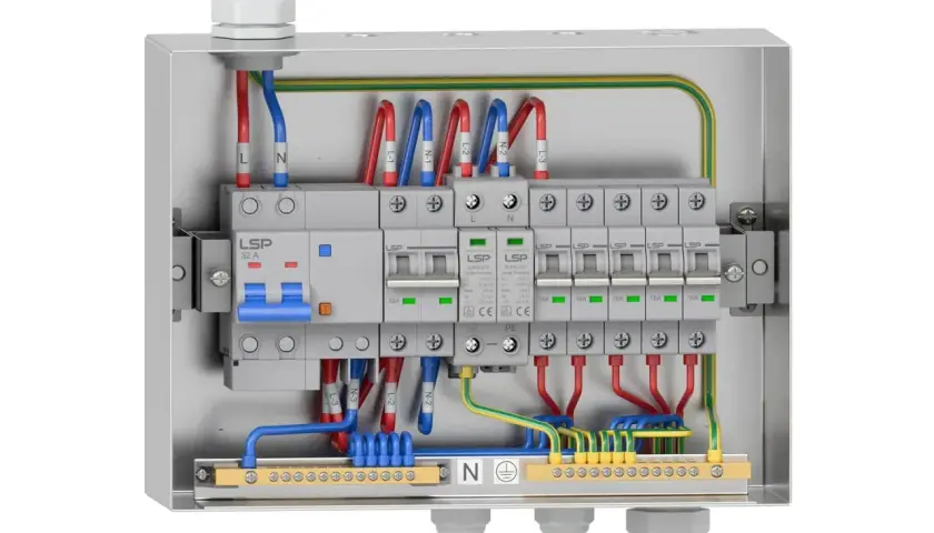 Wnętrze metalowej skrzynki elektrycznej z wyłącznikiem głównym i kilkoma mniejszymi, połączonymi przewodami.