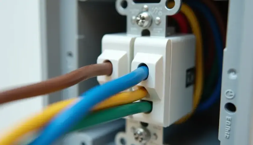 Jak podłączyć włącznik światła podwójny trzy przewody: zbliżenie na biały mechanizm z kolorowymi przewodami (brązowy, niebieski, żółty, zielony) wchodzącymi do zacisków.