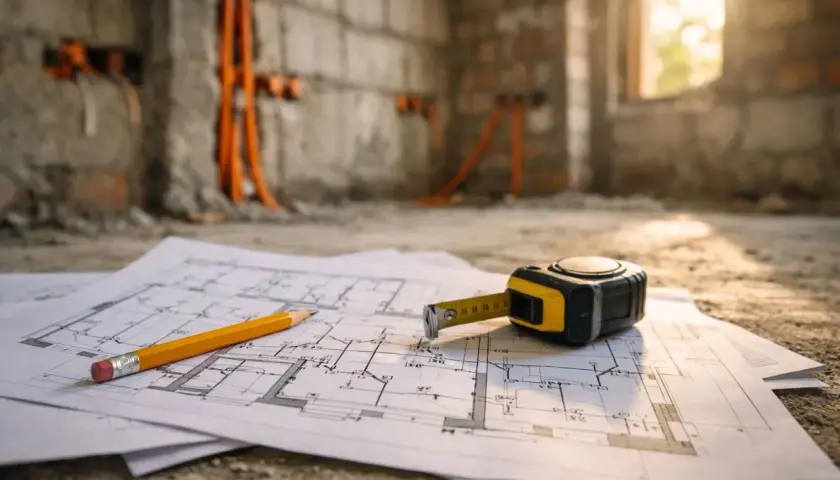 Plany budowy, ołówek i miarka leżą na podłodze. W tle widać ściany z instalacją elektryczną, co sugeruje prace związane z elektrotechniką.
