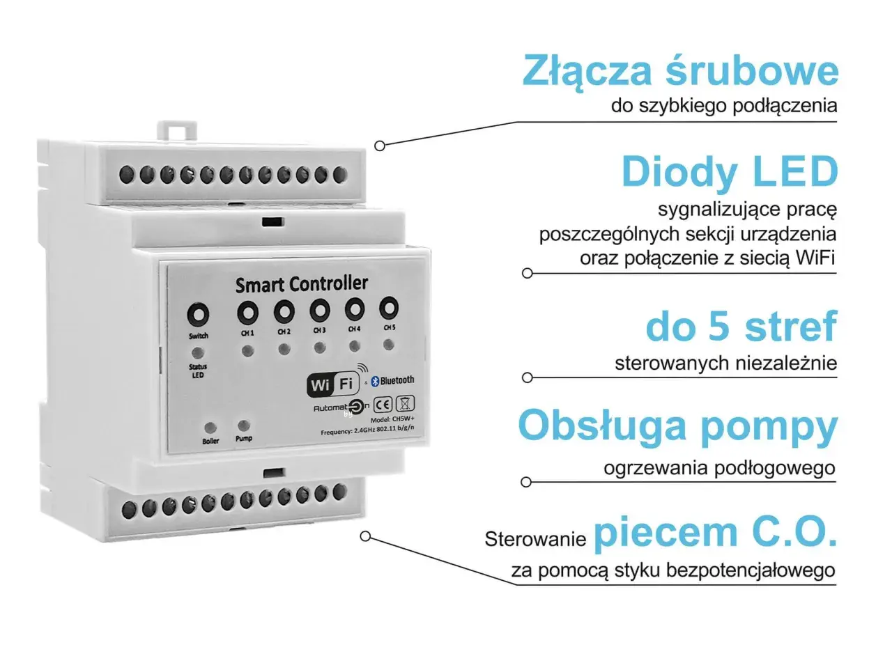 Inteligentny sterownik do ogrzewania podłogowego, obsługuje do 5 stref i piec C.O.