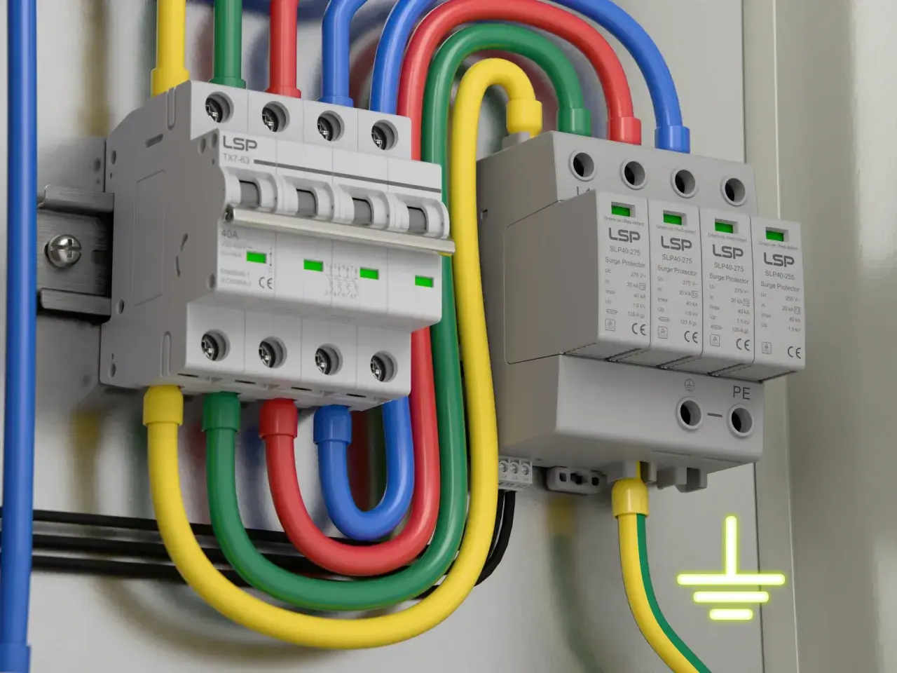 Instalacja elektryczna z wyłącznikiem i ochronnikami przepięć. Zwróć uwagę na prawidłowe podłączenie uziemienia, które zapewnia niską impedancję.