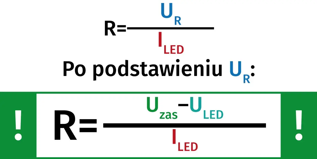 Obliczenia rezystancji opornika: R = U/I, a po podstawieniu R = (Uzas - ULED) / ILED.