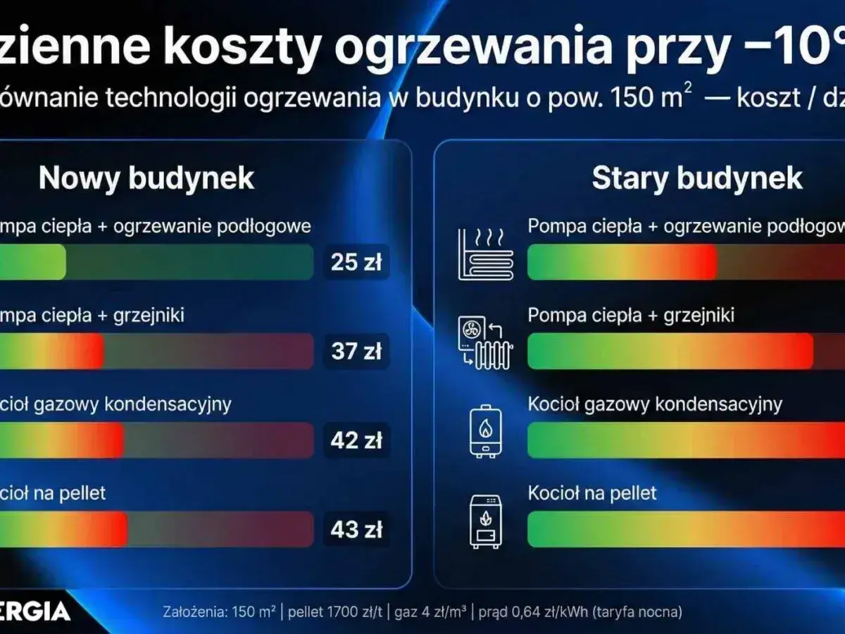 Porównanie kosztów ogrzewania: kocioł gazowy kondensacyjny jest droższy od pompy ciepła w nowym budynku, ale tańszy w starym.