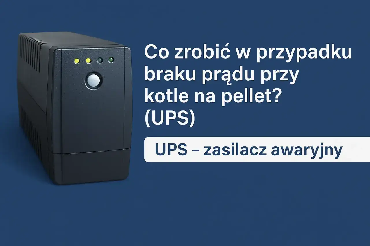 Zasilacz awaryjny UPS chroni kocioł na pellet, gdy brakuje prądu. Zapewnia ciągłość pracy ogrzewania.
