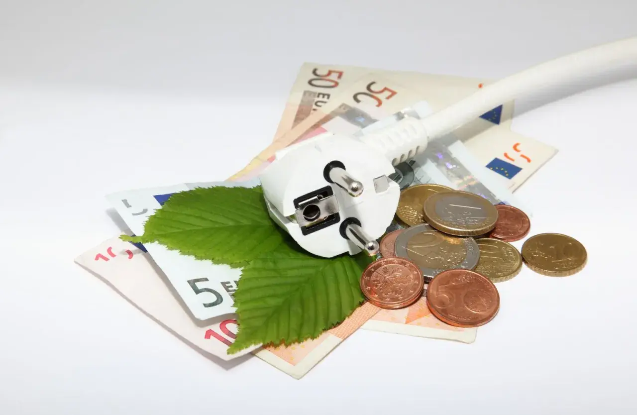 Wtyczka elektryczna na banknotach i monetach, symbolizująca dopłaty do prądu i koszty energii. Dwa zielone liście dodają ekologiczny akcent.