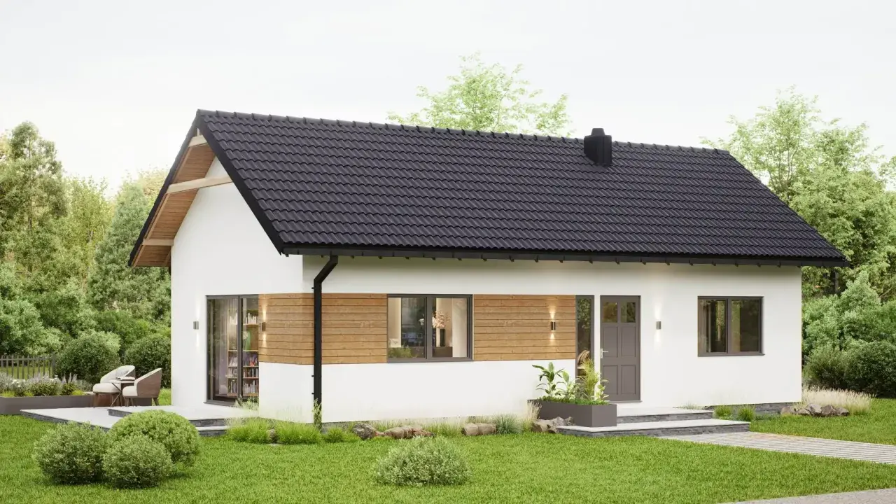 Nowoczesny domek na zgłoszenie z drewnianymi akcentami, otoczony zielenią. Idealne miejsce na spokojne życie.