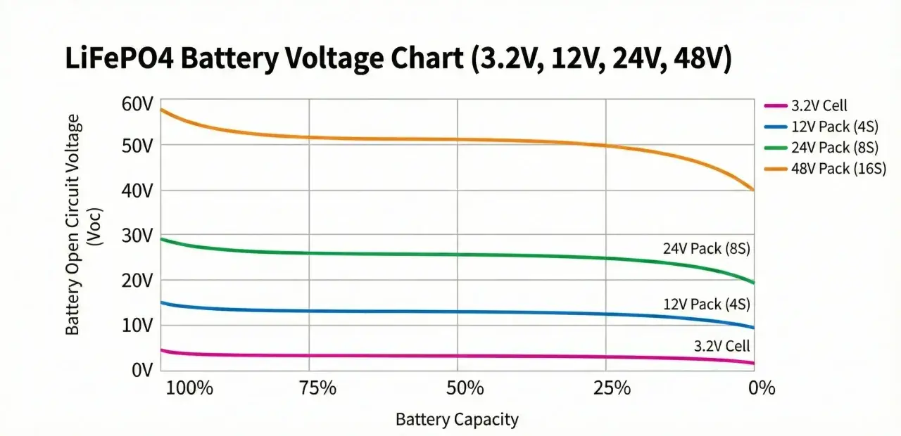 Wykres pokazuje zależność napięcia akumulatora LiFePO4 od jego pojemności. Linie reprezentują różne konfiguracje: 3.2V Cell, 12V Pack (4S), 24V Pack (8S) i 48V Pack (16S).