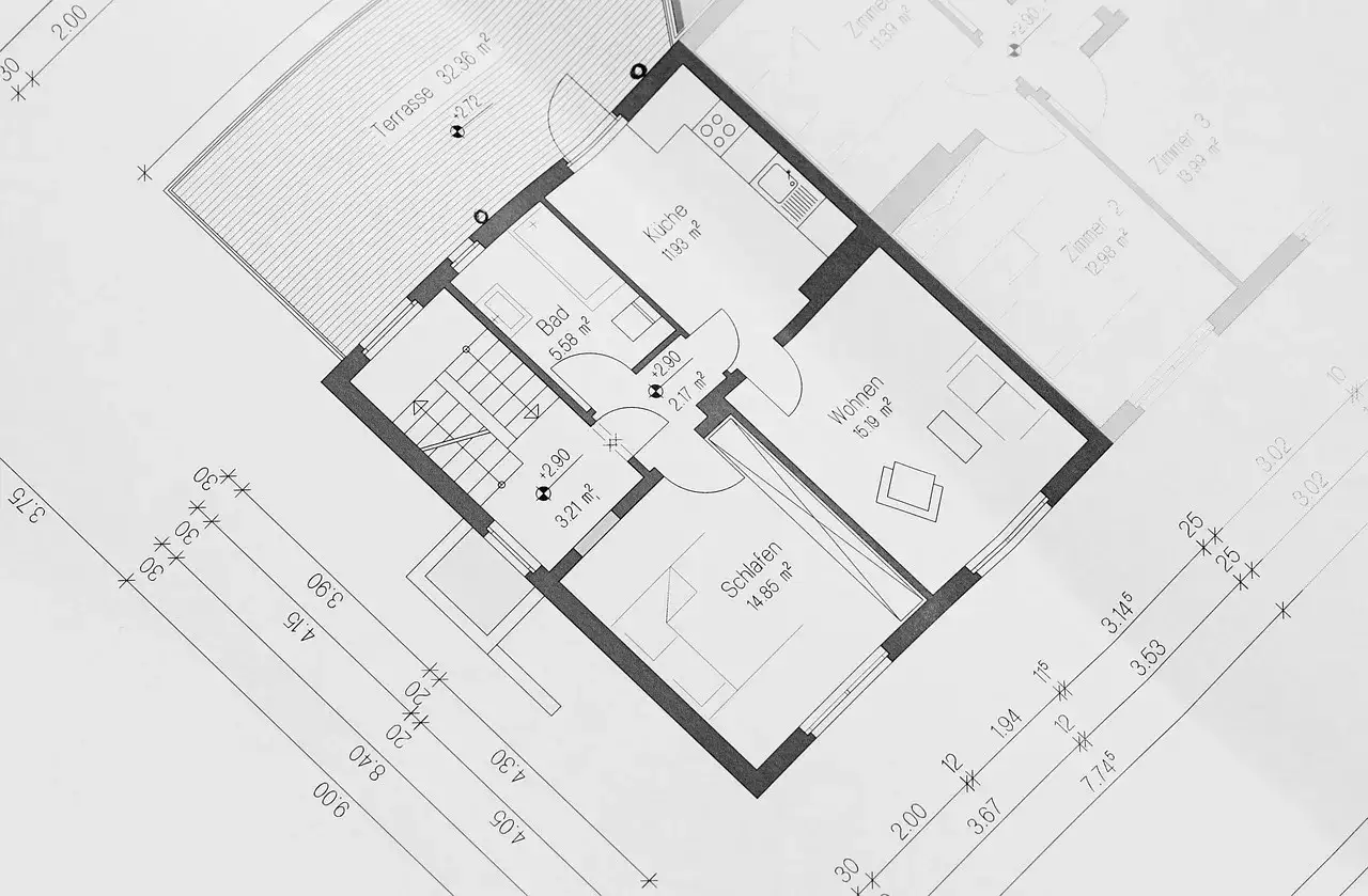 Plan domu 35m2: kuchnia, łazienka, salon, sypialnia, taras i dodatkowe pokoje. Wymiary pomieszczeń i odległości zaznaczone na rysunku.