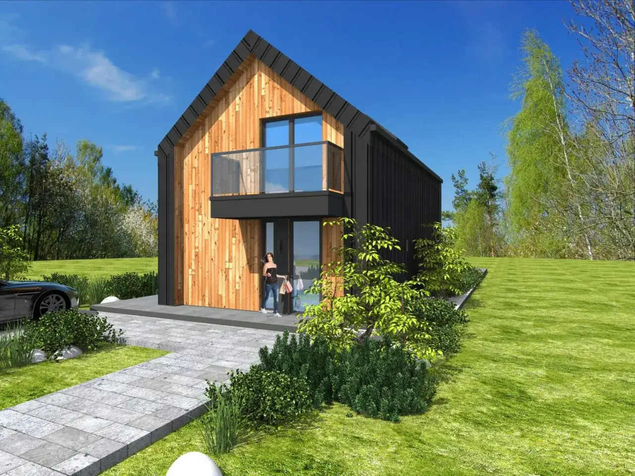 Nowoczesny dom 70m2 bez pozwolenia, projekt za darmo. Drewniana elewacja, czarny dach, balkon, kobieta z zakupami.