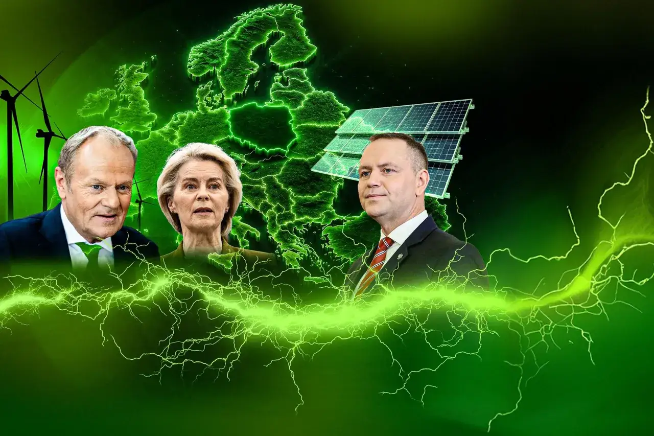 Trzech polityków na tle mapy Europy z zielonymi wyładowaniami. Wiatraki i panele słoneczne symbolizują energię. Idealne dla 55.