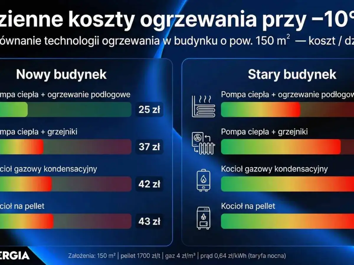 Porównanie kosztów ogrzewania: nowy vs stary budynek. Kocioł gazowy kondensacyjny w starym budynku kosztuje 42 zł.