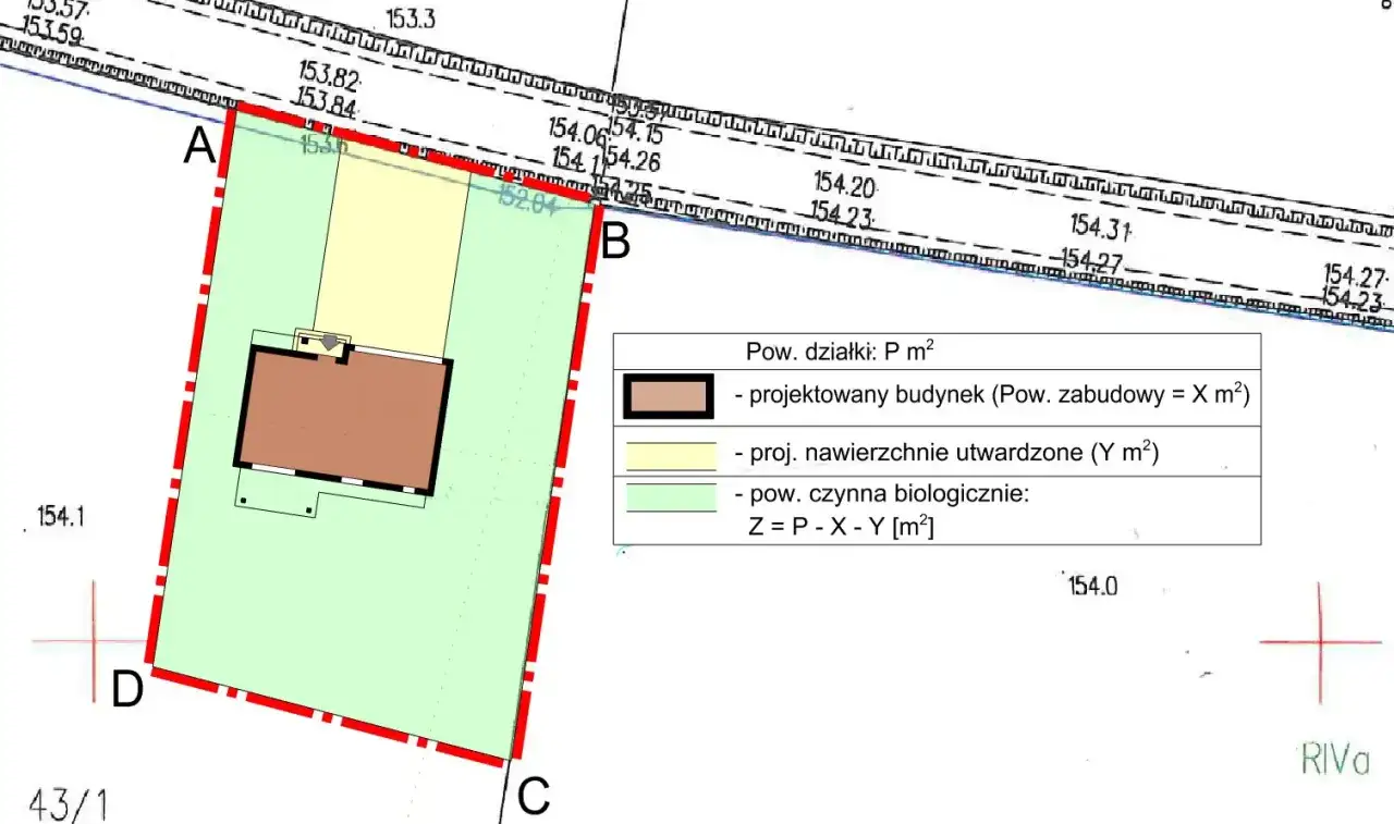 Plan zagospodarowania terenu z zaznaczonym budynkiem garażu na zgłoszenie. Widać teren zielony, utwardzony i sam budynek.