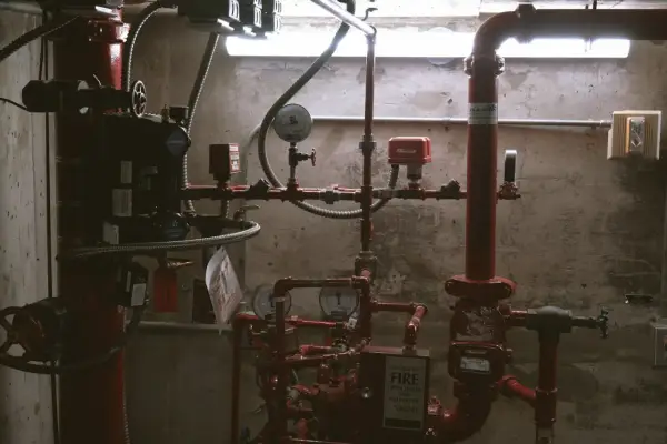 Skomplikowana instalacja co z czerwonymi rurami, manometrami i zaworami, w tym system przeciwpożarowy Viking.